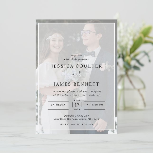 Invitación Tipografía Mínima Simple Vellum Photo Boda (Anverso de pie)