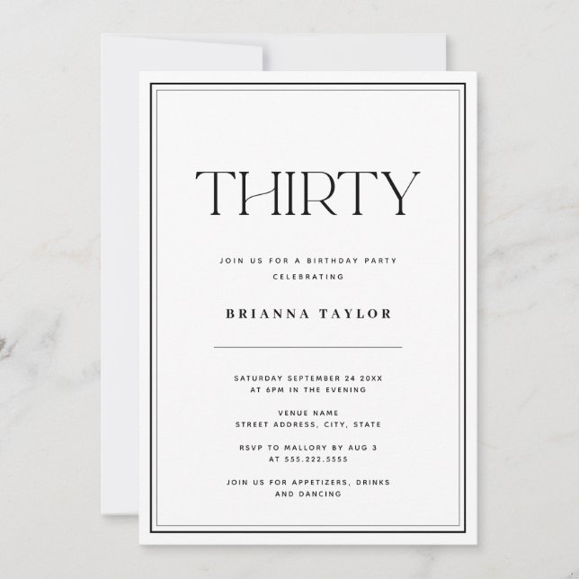 Invitación Tipografía moderna 30 años en blanco y negro (Anverso)