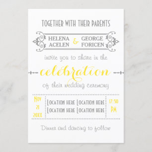Invitación Tipografía moderna amarilla, boda gris