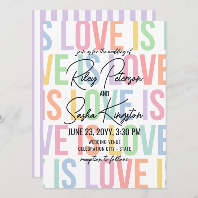 Invitación Tipografía moderna Arcoíris Bodas LGBTQA (Anverso / Reverso)