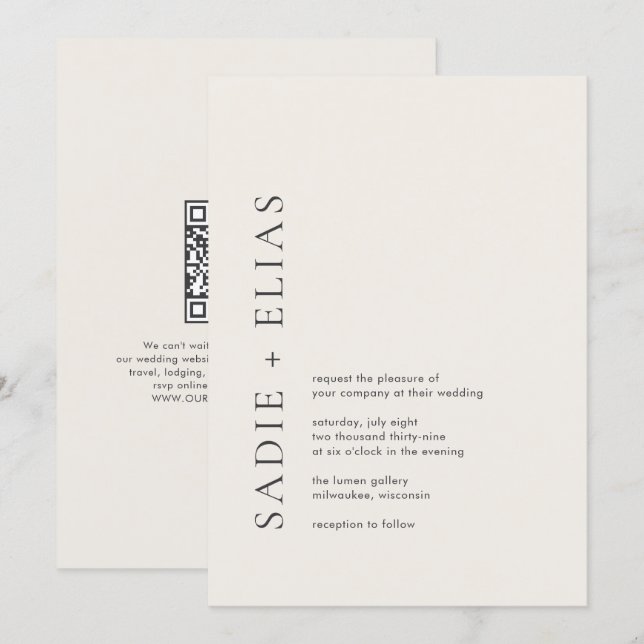 Invitación Tipografía Moderna Beige Elegante Código QR Boda (Anverso / Reverso)