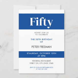 Invitación Tipografía moderna blanca y azul 50 cumpleaños