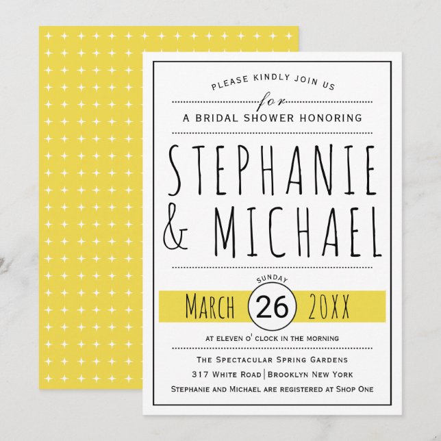 Invitación Tipografía moderna boda amarillo ducha de novia (Anverso / Reverso)