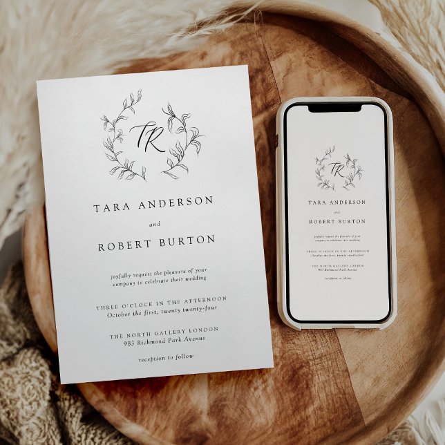 Invitación Tipografía moderna Boda botánico blanco y negro (Subido por el creador)