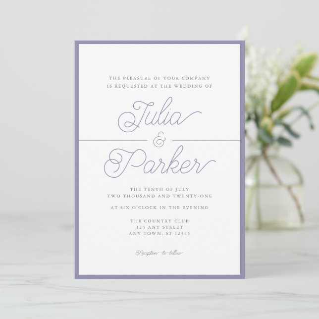 Invitación Tipografía moderna Boda de borde de lavanda simple (Anverso de pie)