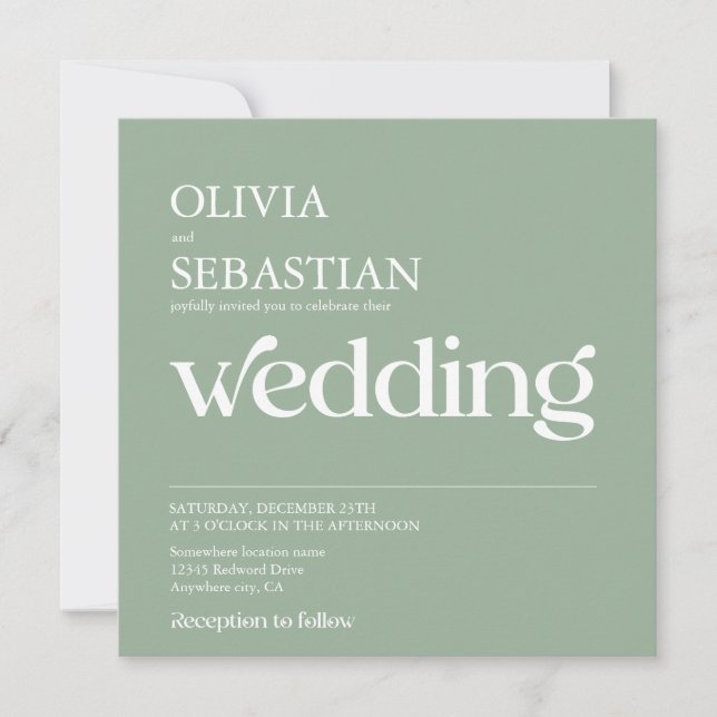 Invitación Tipografía moderna Boda verde sabio (Anverso)