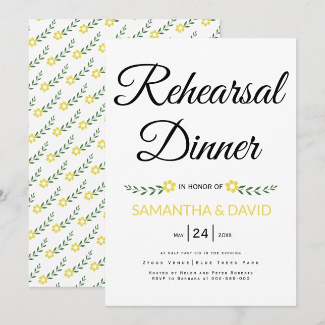 Invitación Típografía moderna cena de ensayo boda amarillo (Anverso / Reverso)