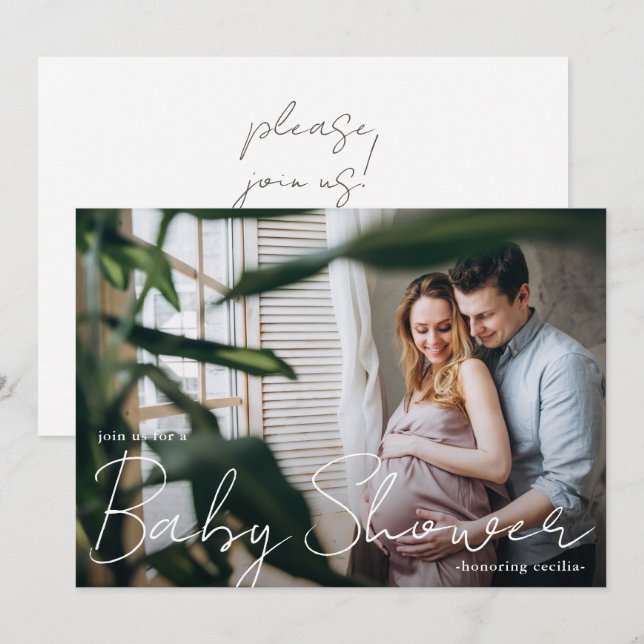 Invitación Tipografía moderna con foto de Baby Shower (Anverso / Reverso)