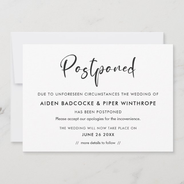 Invitación Tipografía moderna de moda Fecha boda pospuesta (Anverso)