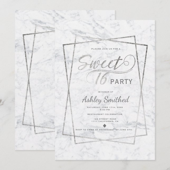 Invitación Tipografía moderna de plata mármol Sweet 16 (Anverso / Reverso)