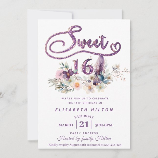 Invitación Tipografía moderna de Purpurina floral (Anverso)