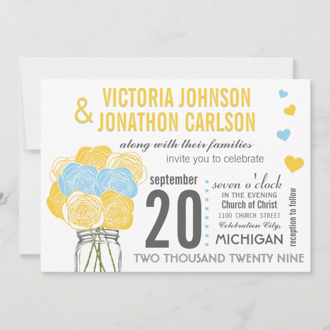 Invitación Tipografía moderna de Sunny Yellow Sky Blue Floral (Anverso)