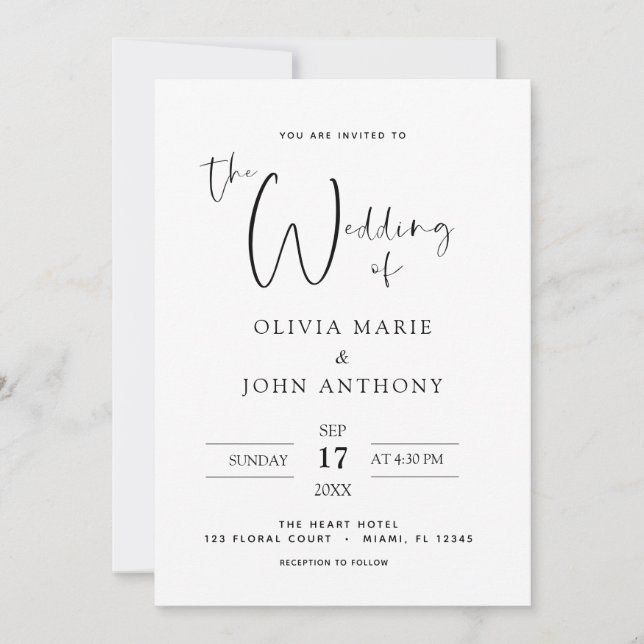 Invitación Tipografía moderna del Boda blanco negro (Anverso)