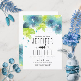 Invitación Tipografía moderna flores azules boda floral