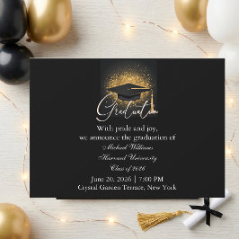 Invitación Tipografía Moderna Graduación Monocroma Gorra Negr