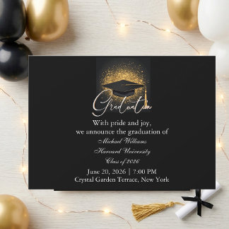 Invitación Tipografía Moderna Graduación Monocroma Gorra Negr