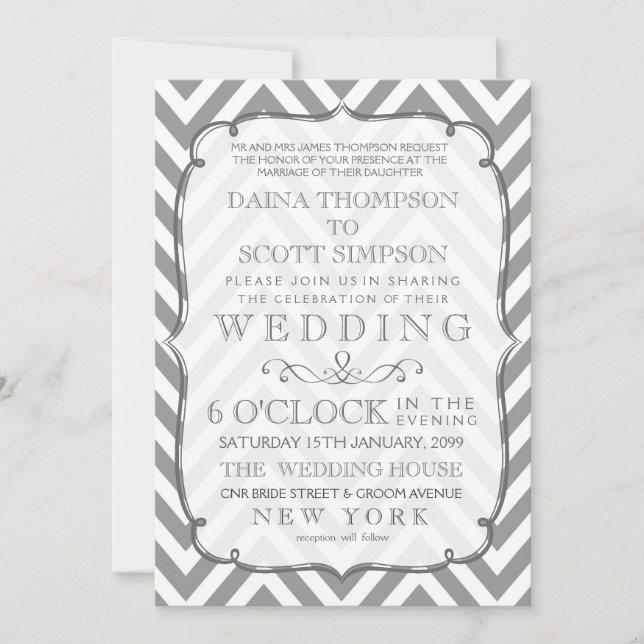 Invitación Tipografía moderna gris blanco Boda Chevron (Anverso)