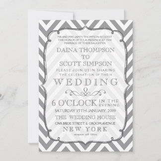 Invitación Tipografía moderna gris blanco Boda Chevron