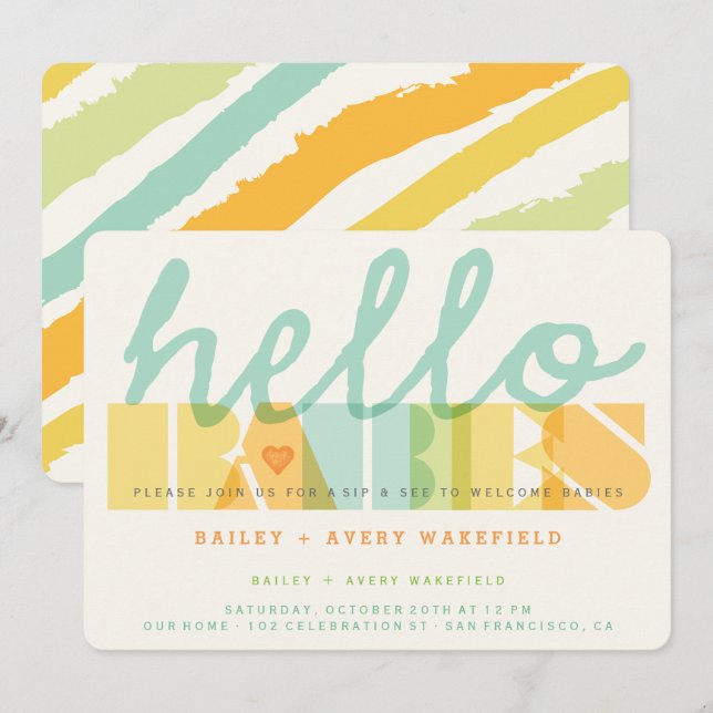 Invitación Tipografía moderna Hola Bebés Gemelos Sip & See (Anverso / Reverso)