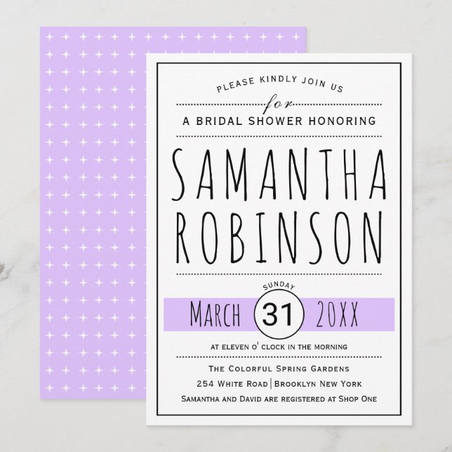 Invitación Tipografía moderna lavanda boda ducha de novia (Anverso / Reverso)