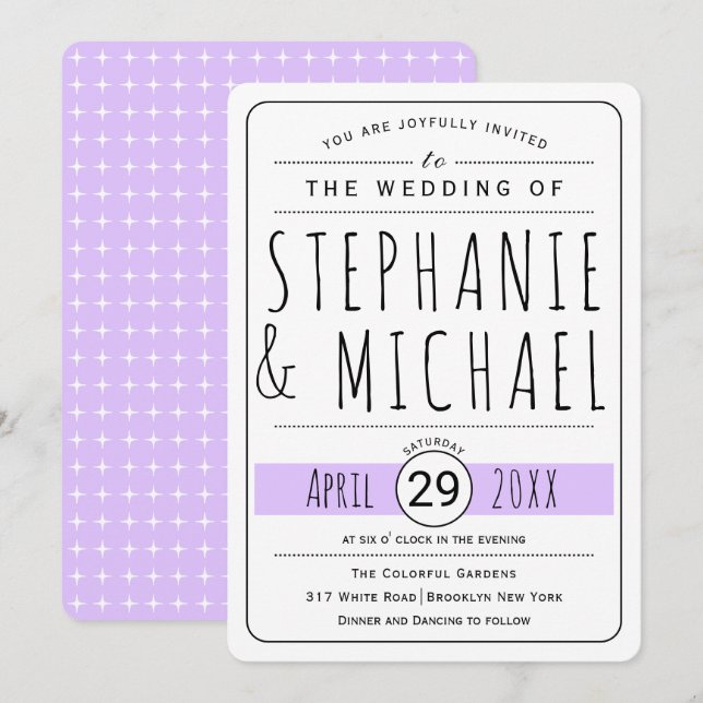 Invitación Tipografía moderna lavanda boda redondeado (Anverso / Reverso)