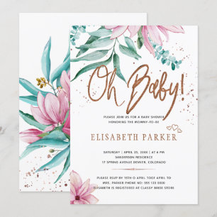 Invitación Tipografía moderna oh baby shower floral infantil