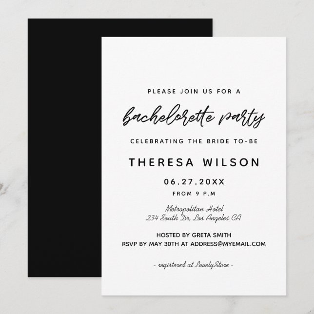 Invitación Típografía moderna Partido de la soltera (Anverso / Reverso)