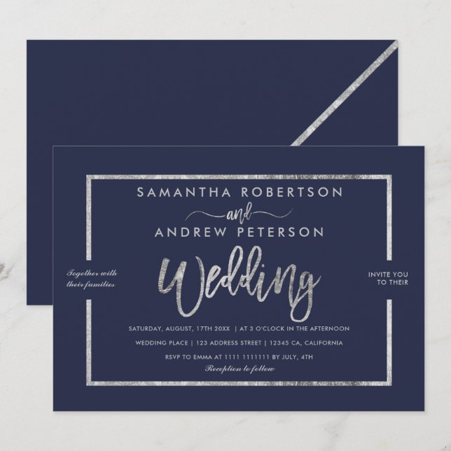 Invitación Tipografía moderna plateada moda azul marino boda (Anverso / Reverso)
