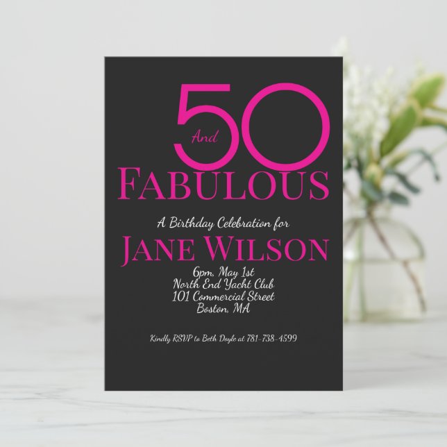 Invitación Tipografía moderna rosa negro 50 Cumpleaños fabulo (Anverso de pie)