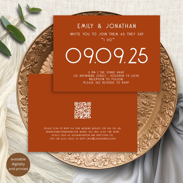 Invitación Tipografía moderna Terracotta Boda (Front and back view)