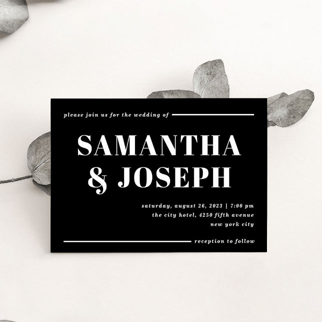 Invitación Tipografía moderna y audaz | BODA MINIMALISTA (A bold, modern wedding invitation in dark black with contrasting white typography)