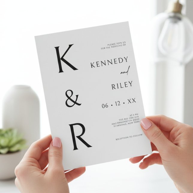 Invitación Tipografía monográfica moderna Boda QR blanco negr (Modern Monogram Typography Black White QR Wedding Invitation)