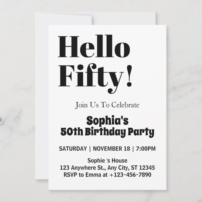 Invitación Tipografía Negra: 50 Aniversario en Blanco y Negro (Anverso)