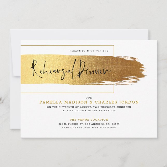 Invitación Tipografía negra moderna con pinceles dorados (Anverso)