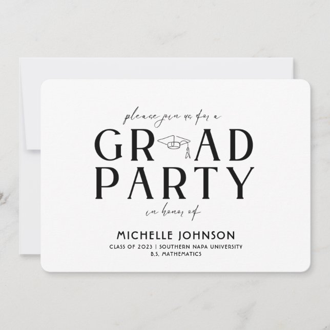 Invitación Tipografía negra moderna de graduación | Fiesta fo (Anverso)