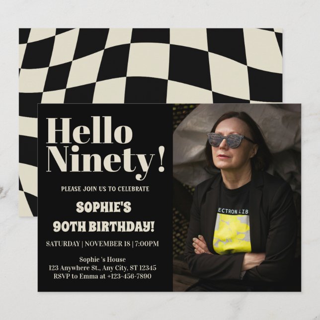 Invitación Tipografía Negra Moderna y Negrita Cumpleaños 90 N (Anverso / Reverso)