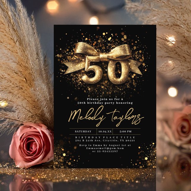 Invitación Tipografía Negra Y Oro 50 años (Gold Glitter Glam Black 50th Birthday Invitation)