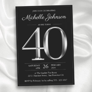 Invitación Tipografía negra y plateada 40 cumpleaños