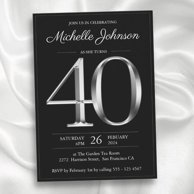 Invitación Tipografía negra y plateada 40 cumpleaños (Black and Silver Typography 40th Birthday Invitation)