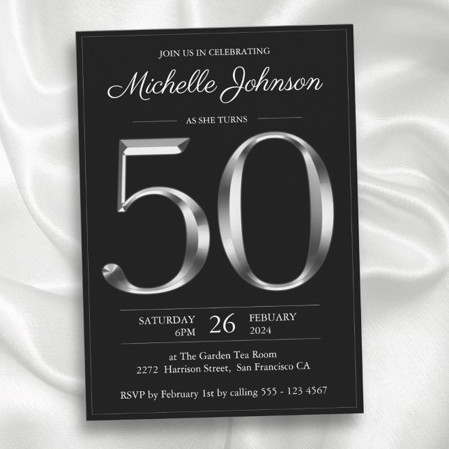 Invitación Tipografía negra y plateada 50 cumpleaños (Black and Silver Typography 50th Birthday Invitation)