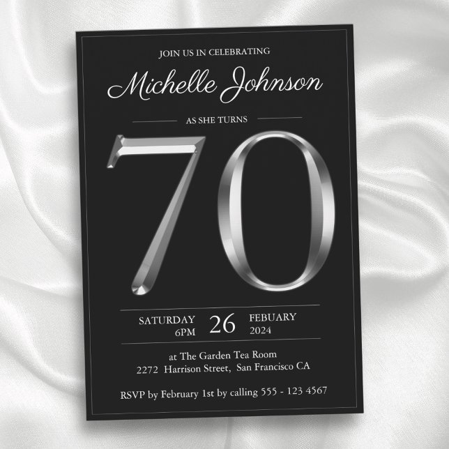 Invitación Tipografía negra y plateada 70 cumpleaños (Black and Silver Typography 70th Birthday Invitation)
