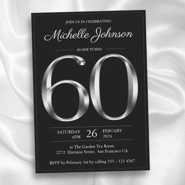 Invitación Tipografía negra y plateada cumpleaños número 60 (Black and Silver Typography 60th Birthday Invitation)