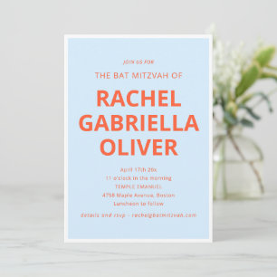 Invitación Tipografía Negrita Bat Mitzvah Azul Naranja Genial