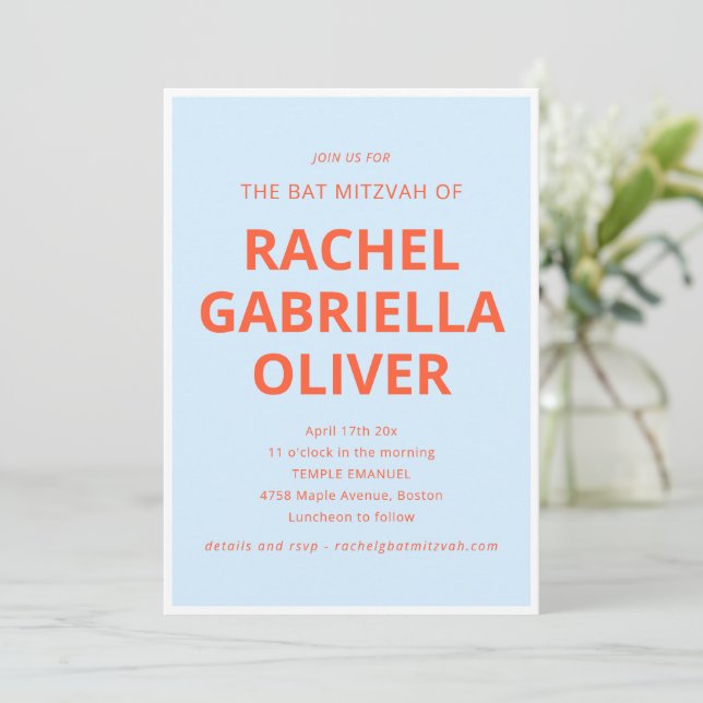 Invitación Tipografía Negrita Bat Mitzvah Azul Naranja Genial (Anverso de pie)