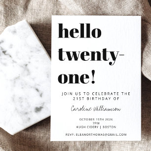 Invitación Tipografía Negrita Blanca Cumpleaños 21 Moderno y