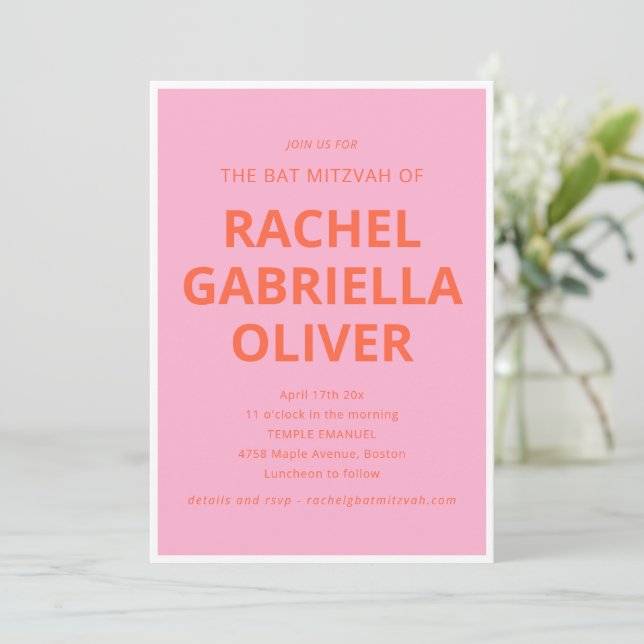 Invitación Tipografía Negrita Moderna Rosa Naranja Bat Mitzva (Anverso de pie)