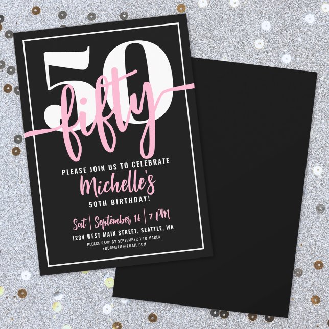 Invitación Tipografía Negrita Rosa Moderno Cumpleaños 50 (Bold Typography Pink Modern 50th Birthday Invitation)