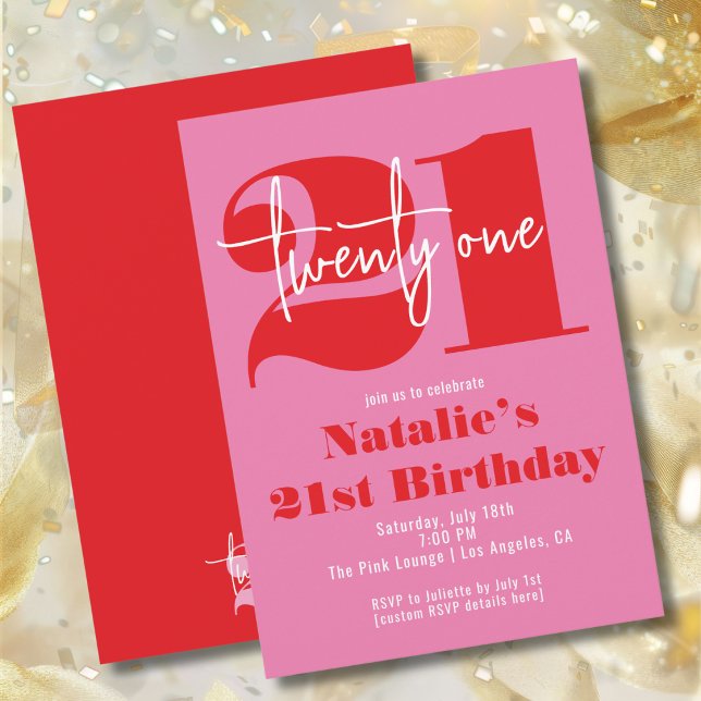 Invitación Tipografía Negrita Rosa Roja Moderna Cumpleaños 21 (Subido por el creador)