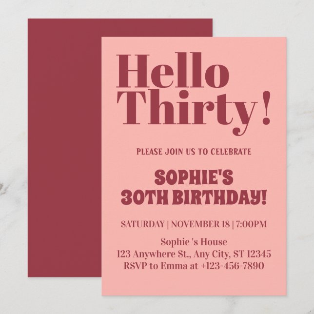 Invitación Tipografía Negrita Rosa y Burdeos Cumpleaños 30  (Anverso / Reverso)