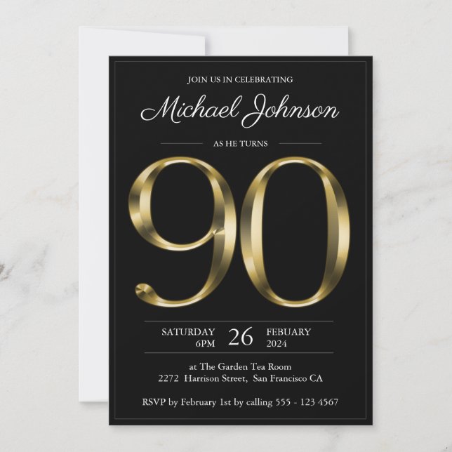 Invitación Tipografía Oro Negro 90 cumpleaños (Anverso)